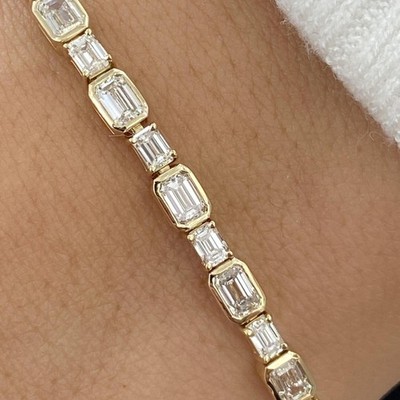 14K Yellow Gold Tennis Bracelet 6.5ct Emerald Cut Labcreated Diamond F/VS GGL