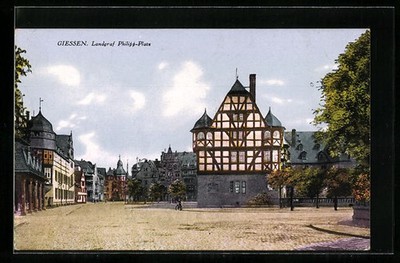Giessen, Ansichtskarte, Landgraf Philipp-Platz mit Fachwerkhaus 1927 