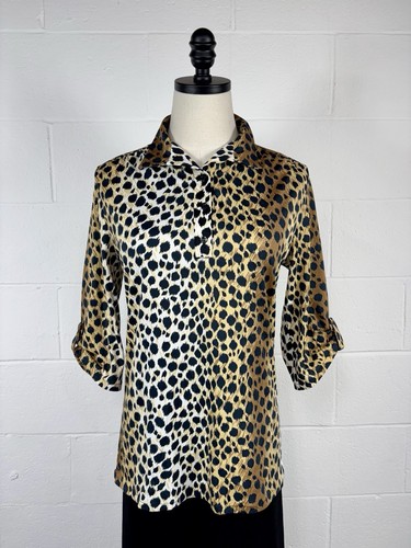 Vintage 70s Cheetah Print Top Blouse Nylon Knit Roll-Tab Sleeves Glam Disco Med - Picture 2 of 13