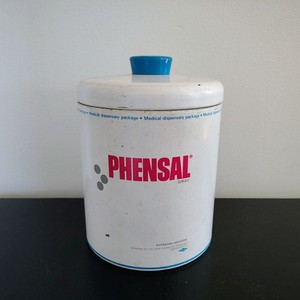 RARE Vintage 1950 PHENSAL GRAY TIN CANISTER DOW CHEMICAL PHARMACY PHARMACISIT