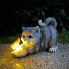 Katzenfigur Garten Deko Katze Gartendeko Schmetterlinge Solarlampen für Außen