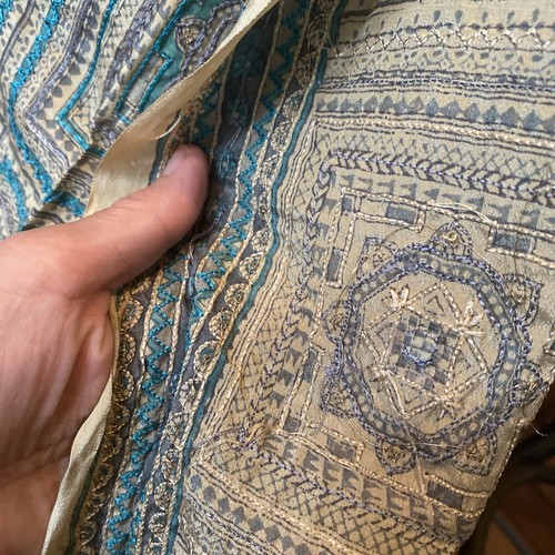 Vintage Sheer Silk Scarf Stole Blue Hand Embellished Block Print Indie XXL OOAK - Picture 14 of 20