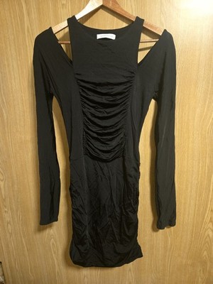 Pierre Balmain Black Bodycon Dress Ruched Cold Shoulder Long Sleeve