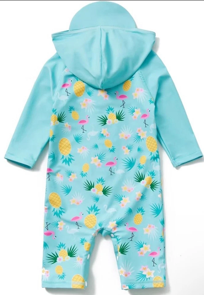 Bonverano Baby Badeanzug Unisex 24-36 Monate UPF 50+ Mütze Einteiler Blau Blumen Neu