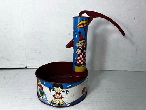 Vintage Ohio Art Tin lithograph Water Pump Toy Elaine Ends Hileman Design Clown