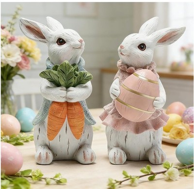 Easter Decor for Home - 2pcs Resin White Easter Bunny - Bunny Statues Figurines