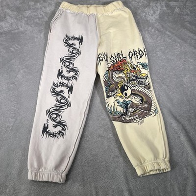 New Girl Order Pants Womens 6 Cream Off White Dragon Graphic Joggers Sweatpants