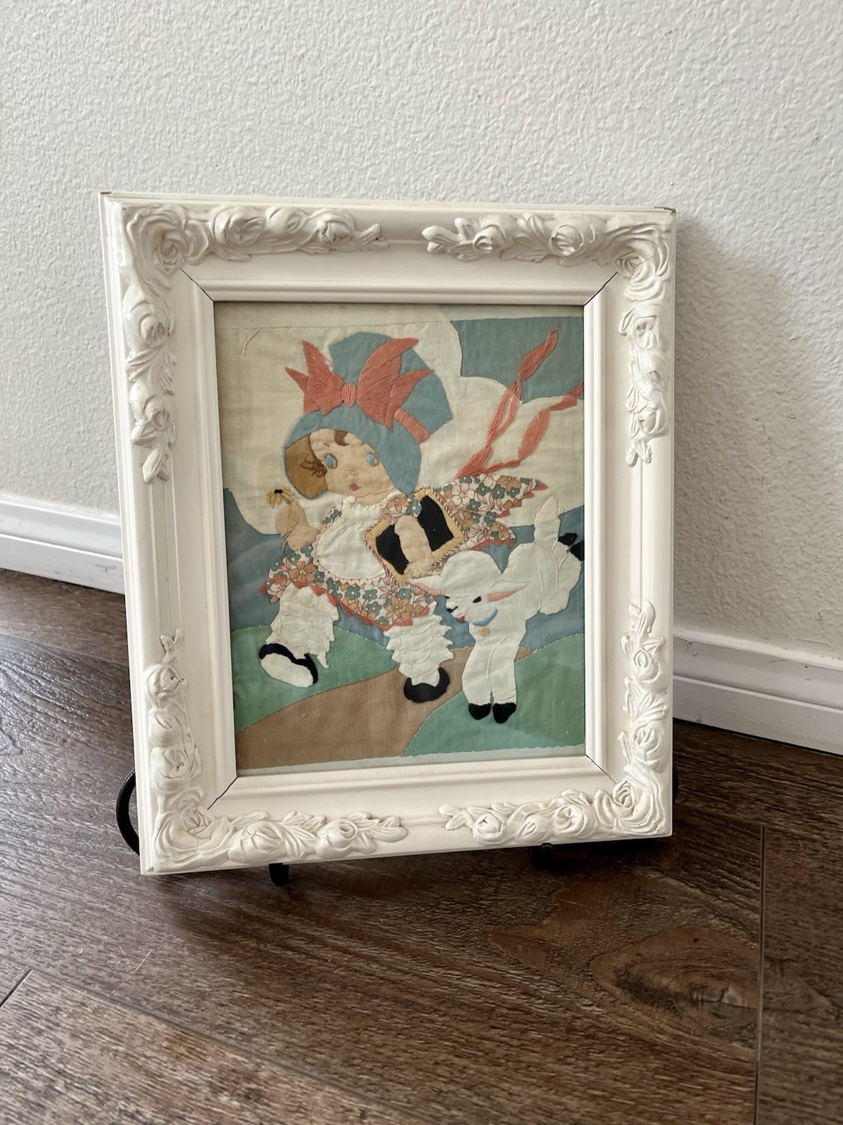 Vintage Framed Embroidered Art with White Frame 11/13 Inches
