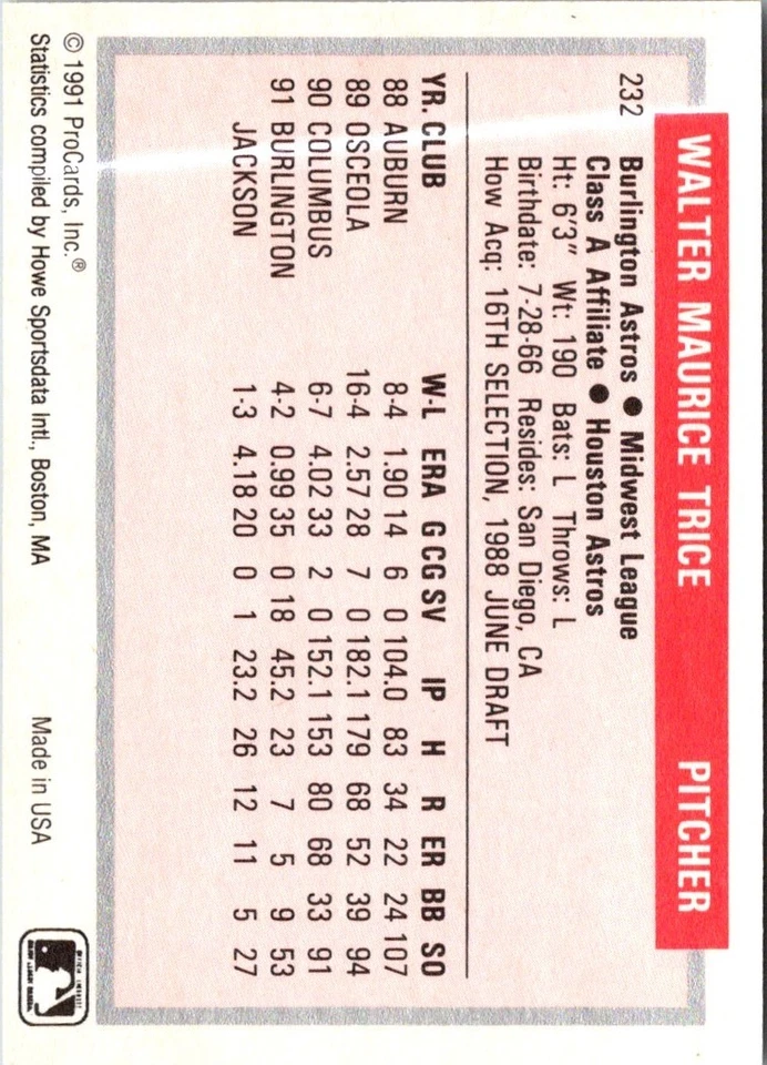 1991 ProCards Wally Trice #232 Burlington Astros Baseball Card - Image 2 of 2