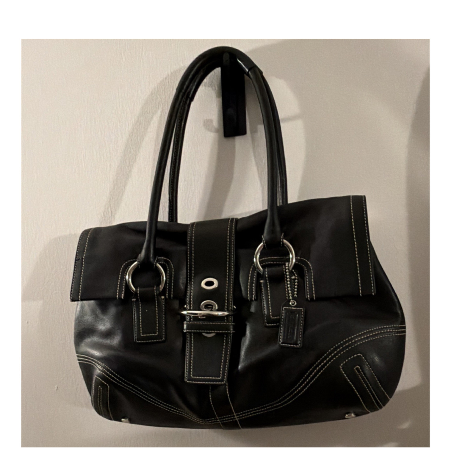 Coach Black Large Satchel Top Handle Double Handles Silver Buckle, Hang Tag