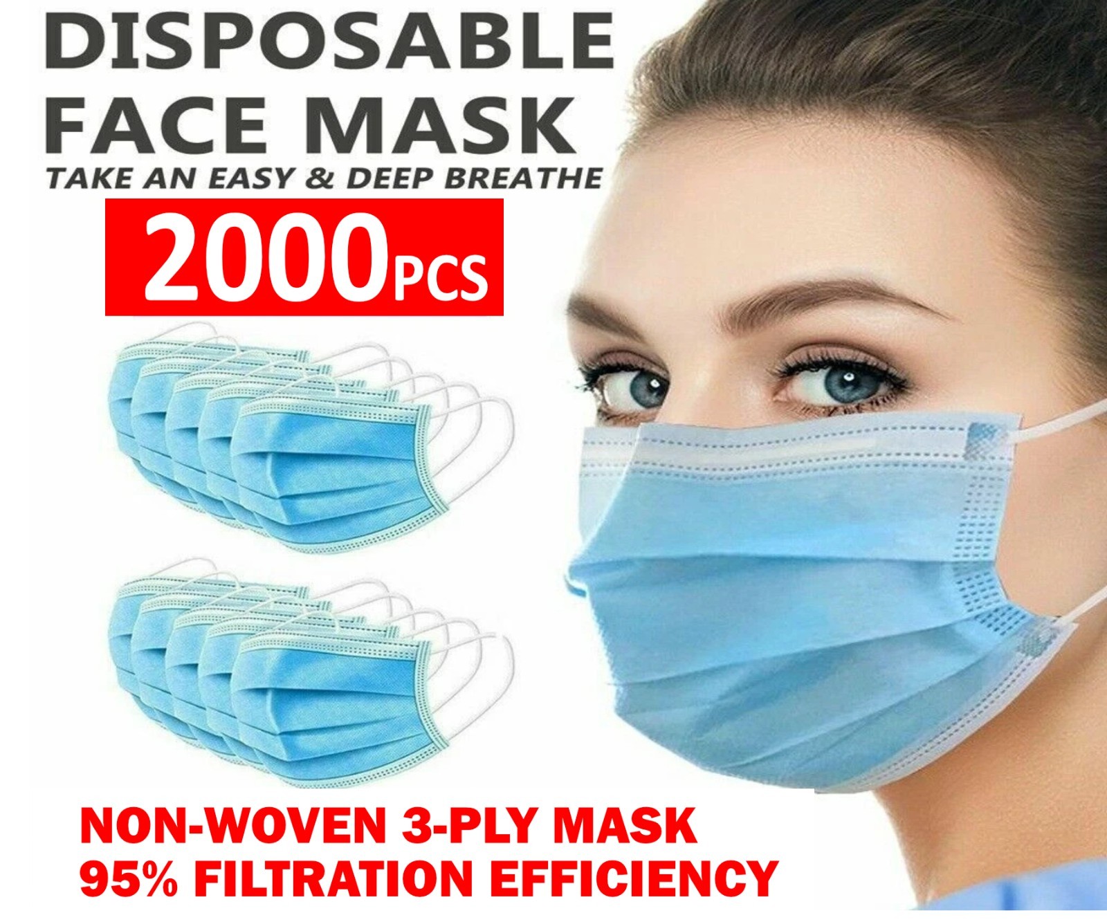 2000 Pcs Disposable Face Mask 3-Ply Non Medical Surgical Earloop Mouth Dust