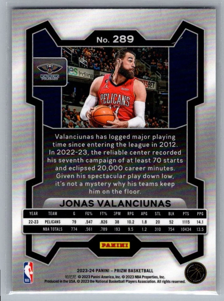 2023-24 Panini Prizm Jonas Valanciunas New Orleans Pelicans #289 - Image 2 of 2