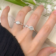 S925 Sterling Silver Shell and Starfish Design, Adjustable Open Ring for Women
