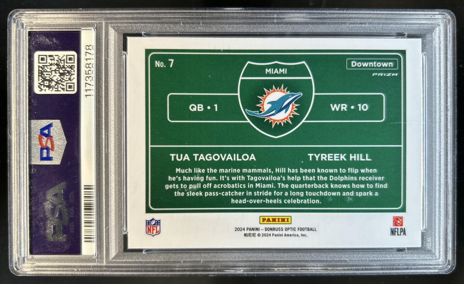 2024 Panini Donruss Optic Tua Tagovailoa Tyreek Hill Downtown Duos SSP #7 PSA 10 view 2