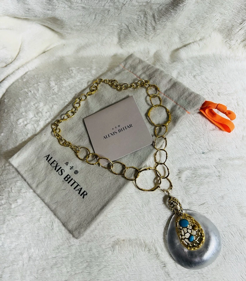 Alexis Bittar 大号白色银色 Lucite 吊坠项链 - 绿松石,金色 — 第 4/4 张图片