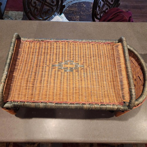 Vintage Wicker Rattan Bed Breakfast Serving Tray with Magazine Side Pocket - Bild 2 von 6