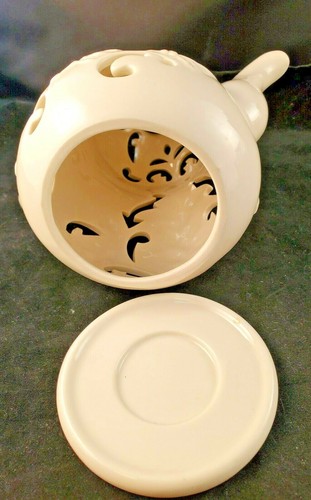 Tetera de porcelana de Navidad Partylite en caja original acebo café - Imagen 5 de 11