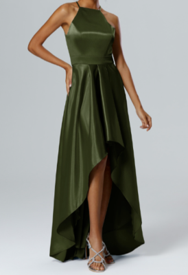 Womens square neck A-line Bridesmaid hi- low pleated skirt olive green dress  (S) | eBay