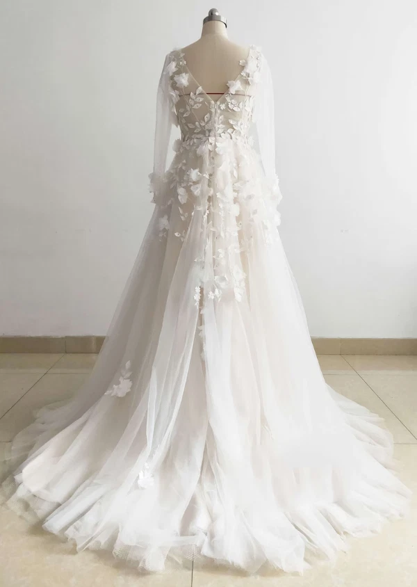 Ivory Lace Floral Wedding Dress Short Train 3D Lace Long Sleeves Wedding Gowns - Image 3 of 4