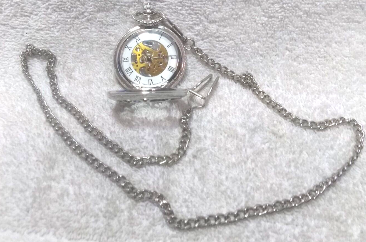 Silver See Through Quartz Pocket Watch Long Silver Chain New Bat