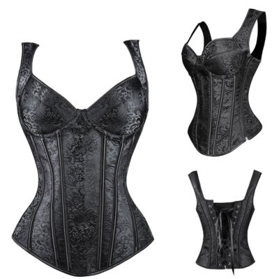 #ad Women Classic Black Corset Bustier Gothic Burlesque Waist Trainer Overbust Tops $28.79