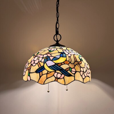 Tiffany Style Hanging Lighting Stained Glass Magpie Bird Cherry