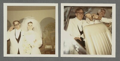 Lot of 2 Vtg 1970s Photos KOOKIE YOUNG BRIDE & GROOM HAVING FUN ON WEDDING DAY