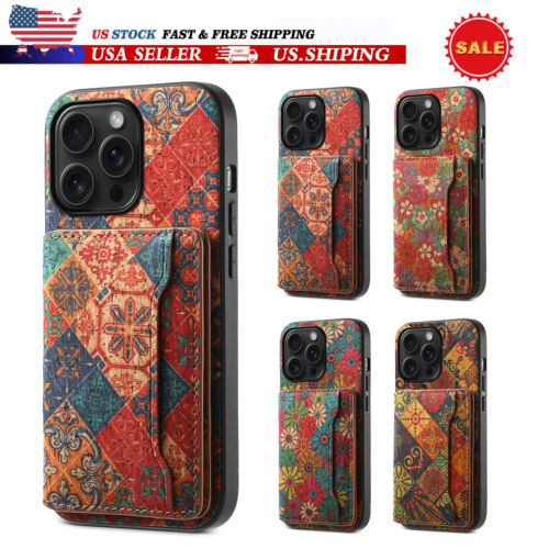 For iPhone 16 Pro Max 15 14 13 12 Floral Patterned Card Flip Stand Back Case