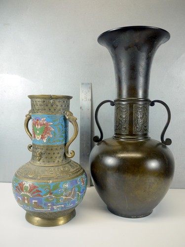 lot 2 ANTIQUE Brass Bronze JAPANESE vintage CHAMPLEVE old VASEs VESSELs URNs - Picture 2 of 17