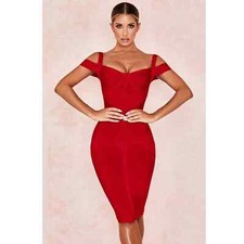 HOUSE OF CB/ Red Sexy Cold Shoulder “Cherub” Bandage Sweetheart Midi Dress