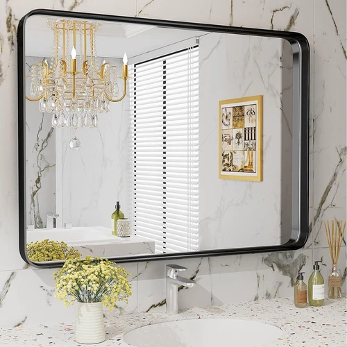 Home Black Bathroom Wall Mirror Metal Frame Rectangular Anti-Rust Vanity Mirror - Picture 1 of 14