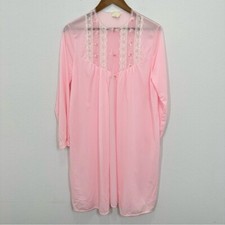 Vintage Sheer Pink Chiffon Nylon Lace Trim Peignoir Robe Button Front Medium