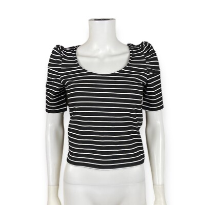 Torn by Ronny Kobo Women's Black White Puff Shoulder Striped Top S