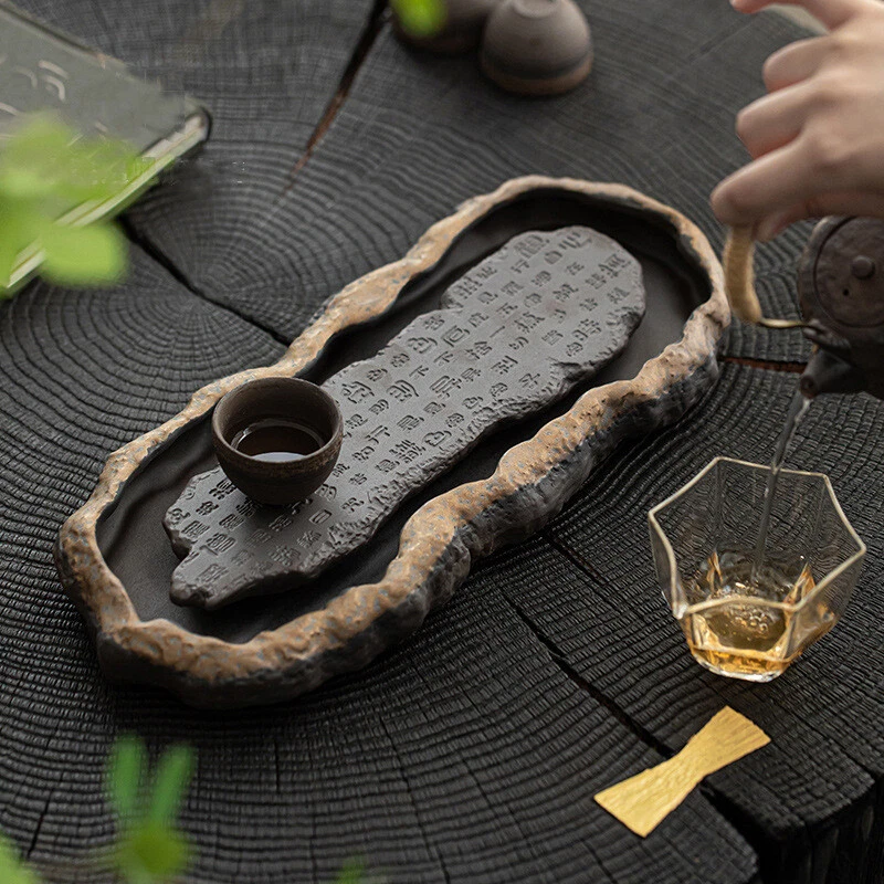 crude pottery tea tray water reservoir ceramic serving tray heart sautra carved - Image 4 of 4