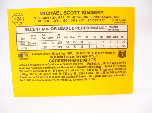 1986 Leaf Donruss Baseball Card Mike Kingery Autograph Kansas City Royals - Picture 4 of 5