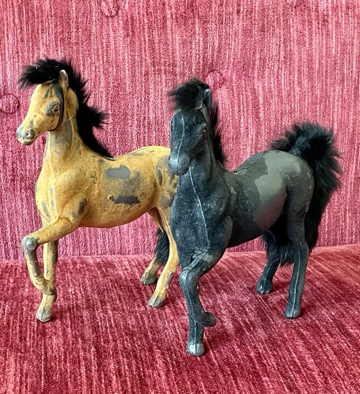 Two Vintage Toy Horse Figurines With Flocking And Fur Manes And Tails
