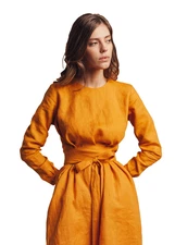 Niche Linen Audrey Mustard Yellow Mini Dress Women Long Sleeve Tie Waist