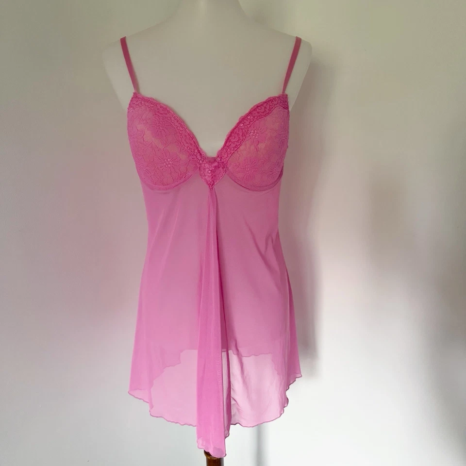 Lencería Babydoll Y2K Acolchada Ahuecada Rosa Corazón Camisola Encaje Transparente Deslizable Foto 2 de 4