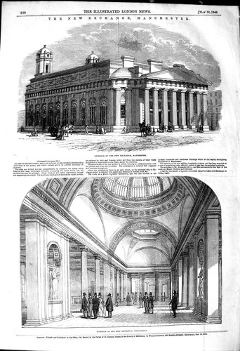 Original Old Antique Print 1849 New Exchange Buildings Manchester Architecture
