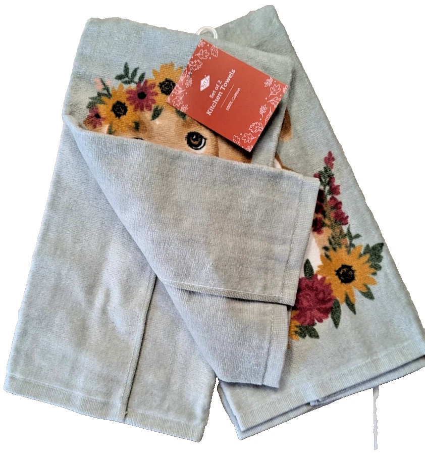 Кухонные полотенца Ritz Sitting Pretty Puppy 2 шт. осенние цветочные ромашки на сером подарке НОВЫЕ - Изображение 3 из 4