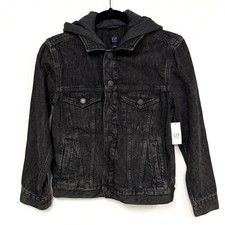 Gap Kids Size XL 12 , Washed Black Denim Jacket Jersey Hood Classic Trucker NEW