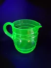 Vintage Green Uranium Vaseline Glass Banded Barrel Pitcher 7 1/4” Glows