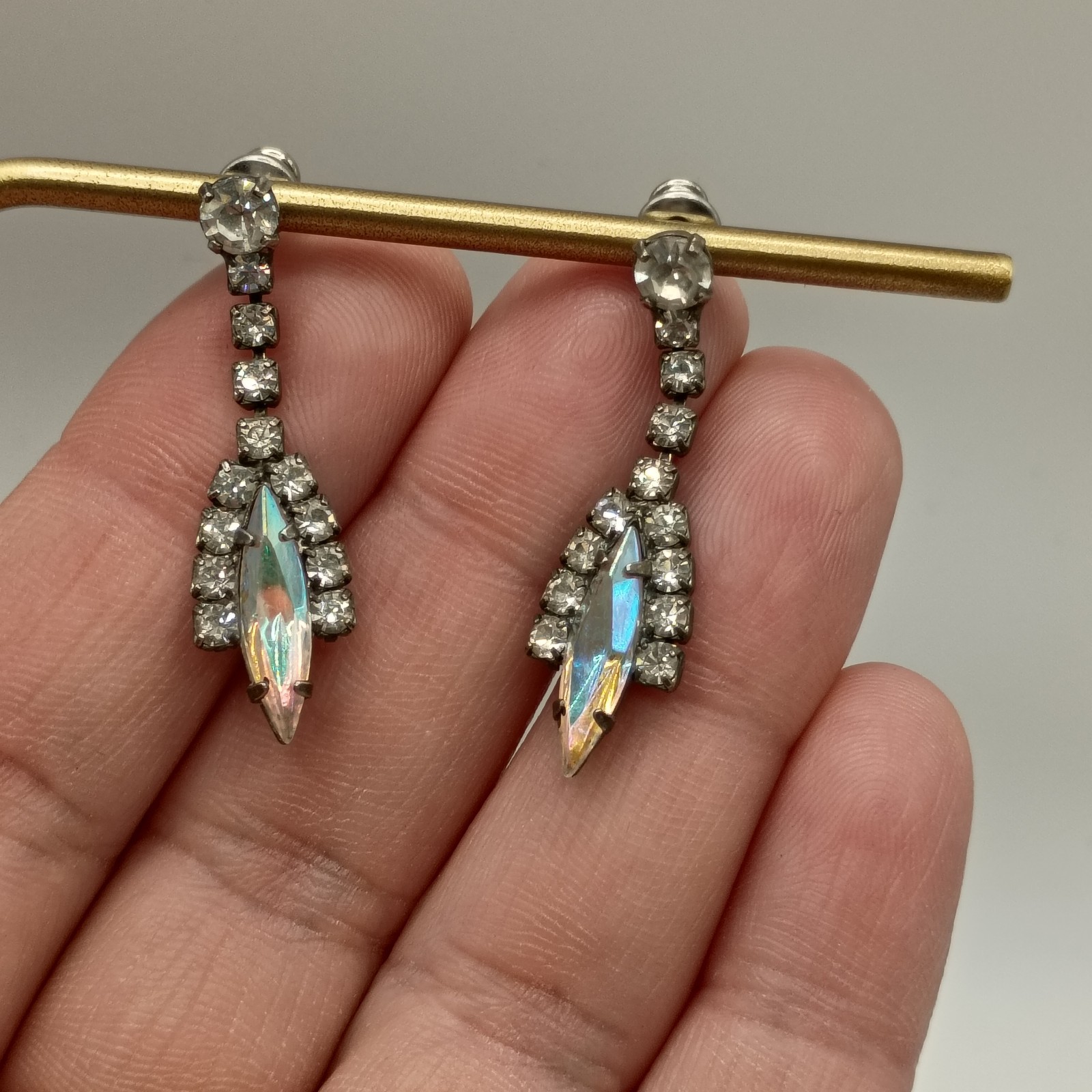 Vintage Aurora Borealis Crystal Rhinestone Drop Earrings Silver Tone