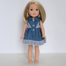 Denim dress, sleeveless, collar, lace, fits Wellie Wishers 14.5" dolls