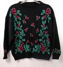 VTG Sweater Red Roses Floral Holiday Sparkle MED read Ugly Sweater Party