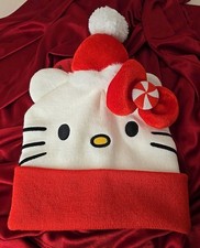 NWT, Hello Kitty Christmas Beanie Winter Hat, Santa Claus Cap w/ Bow by Sanrio