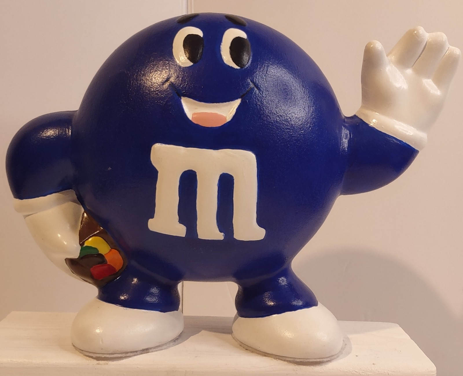 Vintage Handmade Ceramic Blue M&M's Coin Bank with Stopper 7.5 Inch Tall
