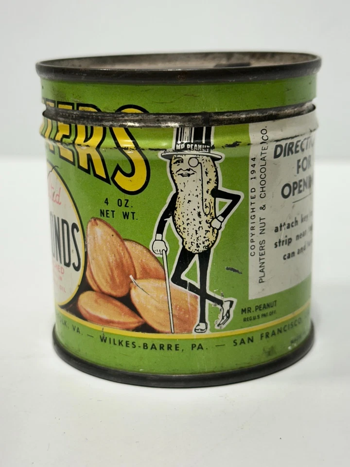 Vtg 1944 Planters Original Mr Peanut Salted Almonds Tin Can empty collectible - Image 2 of 4