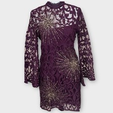 Free People North Star Bell Sleeve Sequined Lace Plum Mini Dress Women's 4