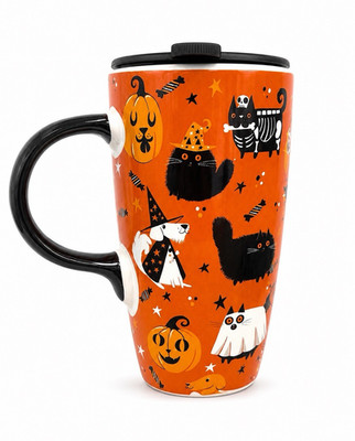 Ceramic Travel Mug w/ Lid 18 fl oz Halloween Cat Novelty Print Orange